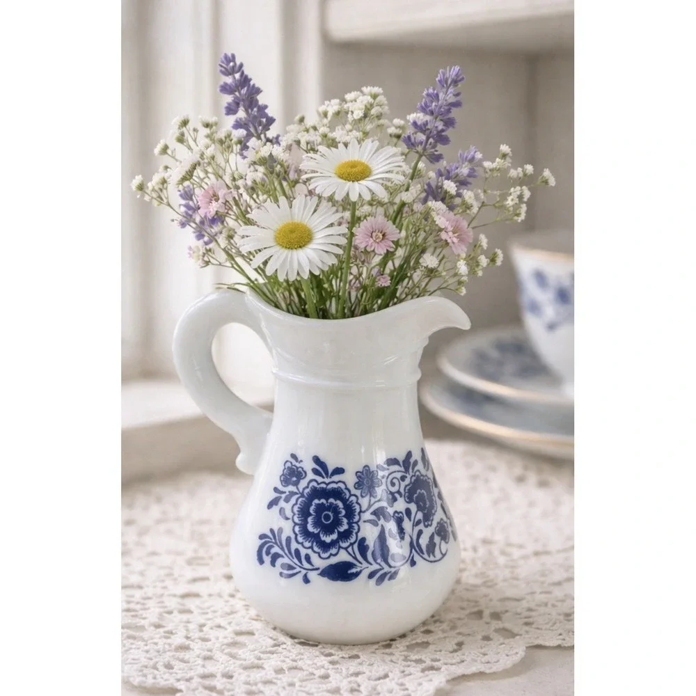Avon Milk Glass Creamer Blue Floral Pitcher Small Vase Vintage 1970s